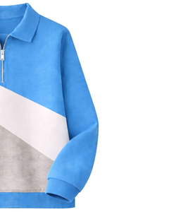 Pull décontracté pour homme en polyester tricoté, coupe droite, col rabattu, avec blocs de couleur bleus et fermeture éclair quart de tour, idéal pour l'automne - Product Image 3