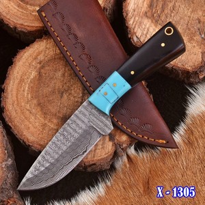 Cuchillo de caza de hoja fija de acero de Damasco RB Knives, punta de cuchillo tipo Drop Point, mango de resina, funda de cuero, 8 pulgadas, grado industrial/DIY RB-H549 - Product Image 1