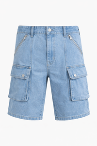 Shorts cargo en jean pour hommes, délavé clair, style streetwear décontracté, multi-poches, coupe ample, en coton, pour l'été, vente en gros - Product Image 6