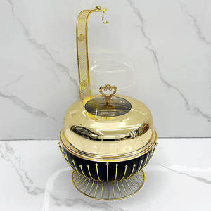 Luxury Round Stainless Steel Chafing Dish <b>Buffet</b> Food Warmer Gold Finish Ornate Pillar Stand Glass Lid Wedding Catering <b>Server</b> - Product Image 2