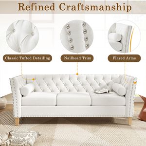 Elegante Divano a 3 Posti Transizionale per Soggiorno, Comodo Divano con Braccioli Svasati, Finiture con Borchie e Gambe in Legno Massello - Product Image 4