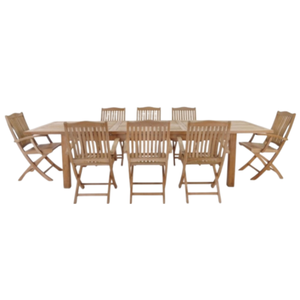 Large brown wooden patio <b>dining</b> set featuring a rectangular table and durable, well-designed folding <b>chairs</b>. - Product Image 1