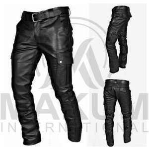 Pantalon en cuir noir pour homme, coupe droite, style motard, fermeture éclair, poches latérales, taille mi-haute - Product Image 5