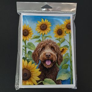 Whimsical A7 Tamaño 5x7 Tarjetas de nota en blanco Paquete de 8 tarjetas de felicitación de girasoles con sobres con un labradoodle - Product Image 3