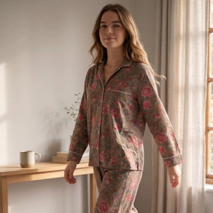 Conjunto de Pijama de Algodón para Mujer, Estampado Floral, Camiseta con Botones, Manga Corta, Ropa de Dormir de Verano, Ropa de Estar por Casa - Product Image 1