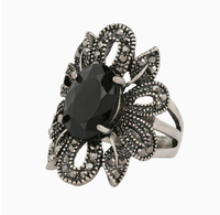 Bague Unisexe YOUKEEN en Argent 925 Plaqué, Style Punk Européen, avec Corail Noir Naturel et Fleur Creuse Incrustée en Résine – Nouveauté Tendance