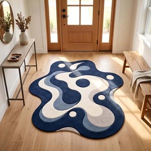 Alfombra abstracta azul y blanca de forma irregular, de lana suave, hecha a mano, moderna, para sala de estar, dormitorio, decoración única para el hogar. - Product Image 4