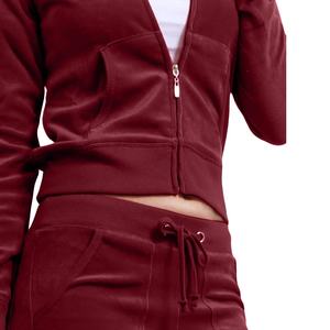 Survêtement en velours avec logo personnalisé pour femmes, survêtement court, hauts à capuche et survêtement de jogging, ensemble 2 pièces pour femmes - Product Image 2