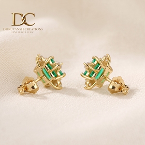 9K Solid Yellow <b>Gold</b> IGI Certified Lab Grown Diamond and Colombian <b>Emerald</b> Stud <b>Earring</b> Square Cut Designer Jewelry for Women - Product Image 6