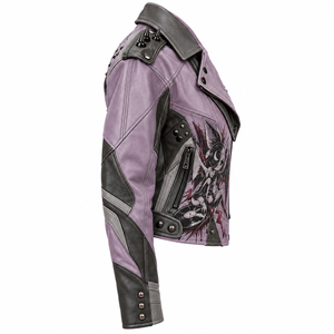 Chaqueta de cuero morada para mujer, estilo punk con tachuelas, abrigo de motociclista, ropa exterior gótica estampada, fabricante personalizado OEM ODM - Product Image 3