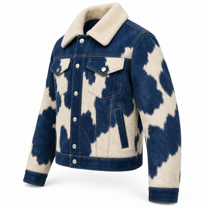 Custom Mens Denim Blue <b>Cream</b> <b>Hair</b> On Cowhide Western Jacket <b>Straight</b> Yoke Cowboy Ranch Coat OEM Wholesale Manufacturer Outerwear - Product Image 3