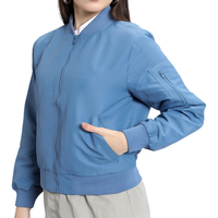 Blouson bomber bleu pour femme, manches longues, col rabattable, coupe-vent, couleur unie, polyester tissé, vêtement d'extérieur pour l'automne