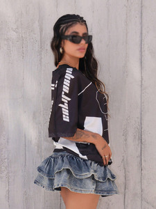 Women American Football Jersey Crop <b>Top</b> Acid Wash Short Sleeve Streetwear T Shirt Custom OEM Bulk Supplier - Product Image 5