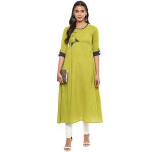 Womens Green Cotton Slub Patch Work A Line Kurta With Round Neck <b>Three</b> Fourth Sleeves Designed For Global Ethnic Casual Wear - Product Image 5