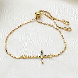 Wholesale 925 <b>Solid</b> Sterling <b>Silver</b> Gold Plated Multicolor CZ Cross Inlaid Adjustable Slider <b>Bracelet</b> Fine Jewelry - Product Image 1