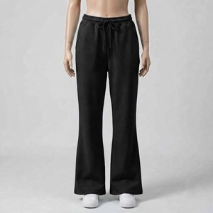 Pantalones Deportivos Anchos Negros para Mujer, de Alta Calidad, 100% Algodón, Cintura con Cordón, Corte Holgado Informal, Estilo Otoñal - Product Image 1
