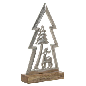 Sculpture de sapin de Noël en métal argenté Rustin avec base en bois, découpe artisanale, ornement de Noël de table, centre de table pour la vente en gros - Product Image 4