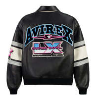 Jaket Bomber Kulit Asli Vintage Pria Avirex Custom dengan Bordir Patch, Jaket Varsity Balap, Produsen Grosir OEM ODM
