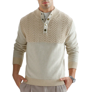 Suéter de punto chevron para hombre, cuello alto, cierre de botones, texturizado, manga larga, otoño, hecho a máquina, 100% poliéster, venta al por mayor - Product Image 1