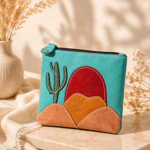Monedero de Cuero Genuino Hecho a Mano con Diseño del Desierto, Cartera con Cremallera Estilo Western, Tarjetero de Cactus, Organizador Compacto para Mujer - Product Image 3