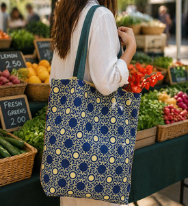 Premium Cotton Printed <b>Tote</b> <b>Bag</b> | <b>Blue</b> & Beige Geometric Pattern Reusable Shopping <b>Bag</b> with Long Shoulder Handles - Product Image 1