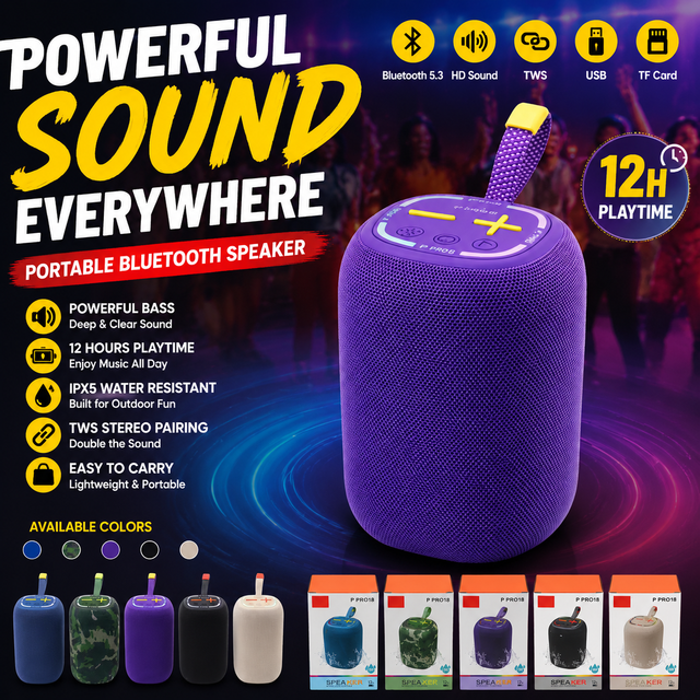 P PRO18 Portable Wireless Speaker with Carrying Strap Outdoor Camping Emergency Heavy Bass Rugged Soundbox Wholesale