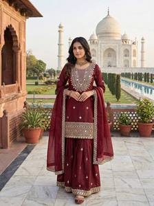 Ensemble de costume Sharara en soie GMY pour femmes – Broderie lourde, sequins et travail de miroir véritable, tenue de mariage ethnique avec dupatta - Product Image 2