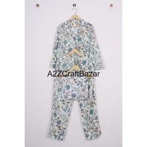 Conjunto de pijama de algodón 100% para mujer, camisón cómodo con estampado Floral azul, pantalones de manga larga, cintura elástica, ropa de dormir personalizada para - Product Image 1