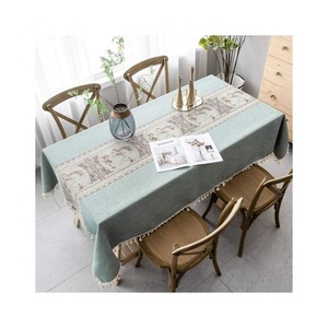 Mantel de algodón orgánico bordado 100% verde mar blanco con borlas lavable a máquina para decoración de fiesta cocina comedor - Product Image 1