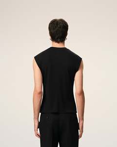 Haut sans manches en tricot à col rond pour homme, coupe ajustée, noir uni, style minimaliste, longueur normale, 100% coton, collection - Product Image 4