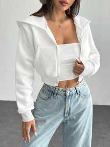 Sudaderas con capucha cortas de corte ajustado para mujer, diseño de paneles de algodón y forro polar, top con capucha corto, logotipo personalizado, fabricación de marca privada, ropa urbana. - Product Image 2