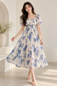 Vestido Maxi Tejido con Estampado Floral, Cuello Cuadrado, Manga Corta, Corte en A, Casual, Veraniego, Transpirable, Ecológico, 100% Algodón - Product Image 1