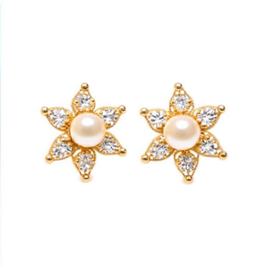 Vintage Gold Plated Pearl Stud Earrings American Diamond Flower Style - Product Image 2