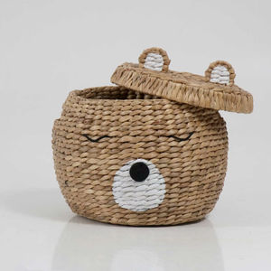 Round <b>water</b> <b>hyacinth</b> <b>basket</b> with cute bear face pattern Handmade Storage <b>Basket</b> Wholesale eco-friendly Made in Vietnam - Product Image 1