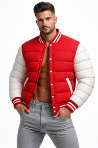 Blouson matelassé rouge et blanc pour homme, style universitaire, d'hiver, avec boutons-pression, streetwear, logo personnalisé, fournisseur OEM ODM - Product Image 4