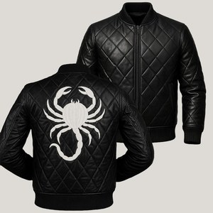 Black PU Leather Scorpion <b>Coat</b> Men's Quilted Gothic Winter Jacket with Stand Collar and Front Logo Handmade - Product Image 3