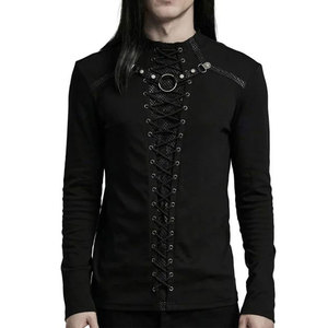 High Demanding Black Gothic Punk Mesh Splicing Long Sleeve Stand-Up Collar Dark T-<b>Shirt</b> Men Top Factory Supplies - Product Image 4