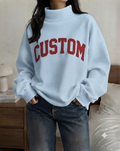 Sweat-shirt oversize en molleton pour femme, col montant, avec broderie personnalisée, épaules tombantes, manches longues, en coton tricoté - Product Image 1