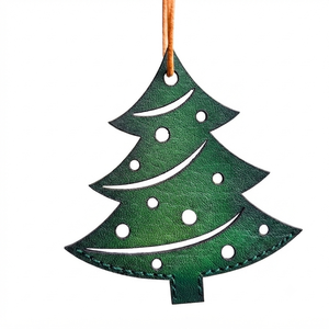 Handcrafted Green Perforated Leather Christmas Tree <b>Hanging</b> <b>Ornament</b> Complete With A Durable Stitched Border And Top Cord - Product Image 1