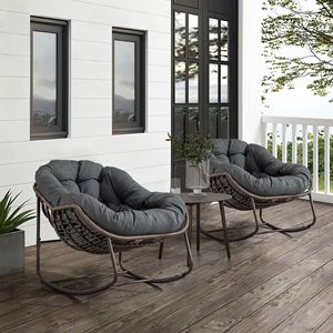 Outdoor Grey Rattan Rocking Recliner <b>Chair</b> with <b>Padded</b> Cushion for Porch Living Room Garden - Product Image 3