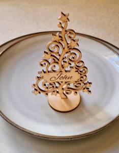 Wooden <b>Christmas</b> Tree <b>Place</b> <b>Card</b> <b>Holder</b> Engraved With Name Star Pattern Laser Cut Tabletop Decor For Holiday Season - Product Image 3