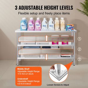 Tavolo da Lavoro per Cucina Commerciale Certificato NSF 14 X 60 X 34 Pollici in Acciaio Inox con 2 Ripiani Inferiori Regolabili per Preparazione Alimenti - Product Image 6