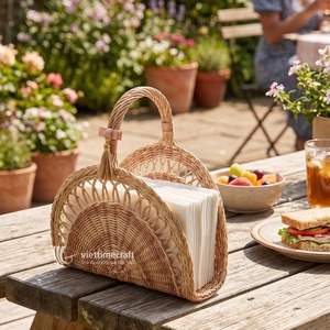 Vintage Rattan Napkin Holder Luxury Wicker Semi-Circle Tissue Holder Handle Eco-Friendly Multifunctional Tabletop <b>Paper</b> Caddy - Product Image 3