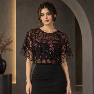 Chemisier élégant noir à sequins floraux, manches cape transparentes, col rond, brodé, haut de soirée |   Haut de gamme pour femmes, idéal pour les occasions formelles et les soirées - Product Image 2