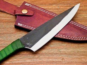 Couteau de chef professionnel en acier carbone forgé à la main, manche enveloppé de cuir vert avec étui, vente en gros, B2B, fabricant OEM - Product Image 2