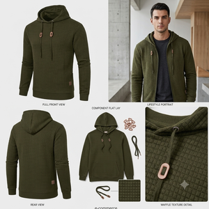 Service OEM – Nouveau design – Pull à capuche en maille gaufrée 100 % coton – Vert olive – Léger – Prix bas – Couleur unie – Respirant - Product Image 2