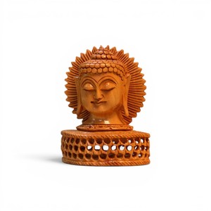 Estatua de Buda de madera hecha a mano con red de malla |   Escultura Decorativa de Cabeza de Buda |   Decoración Zen Asiática para el Hogar y la Oficina, Decoración Espiritual para Diwali - Product Image 1