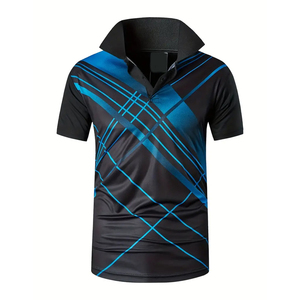 เสื้อโปโลผู้ชายคุณภาพดี แห้งเร็ว สำหรับออกกำลังกายกลางแจ้ง สีดำพิมพ์ลายตัดสีน้ำเงิน - Product Image 1