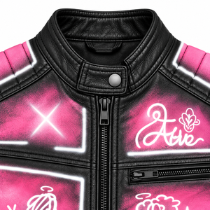 แจ็คเก็ตหนังแท้ Black Pink สำหรับขี่มอเตอร์ไซค์ ทรงบอมเบอร์ ปกคอพับได้ กันลม พิมพ์ลายการ์ตูนนางฟ้า ซิปหน้า เหมาะสำหรับฤดูใบไม้ร่วง สไตล์ไบค์เกอร์ - Product Image 3