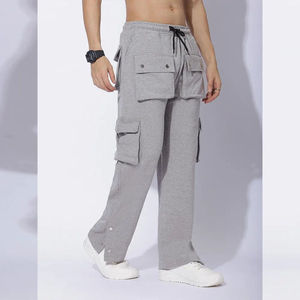 Pantalones Deportivos Grises para Hombre, Estilo Cargo, de Poliéster Desgastado, Cintura Elástica con Cordón, Múltiples Bolsillos, Corte Recto, Peso Medio, Casual - Product Image 5